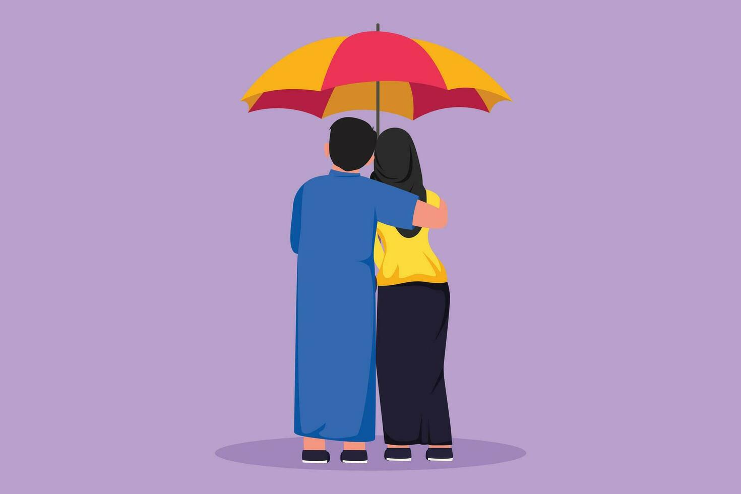 personnage plat dessin retour vue les amoureux couple dans pluie. mignonne arabe couple dans l'amour en marchant en dessous de pluie avec parapluie. content homme et femme sont en marchant le long de ville rue. dessin animé conception vecteur illustration