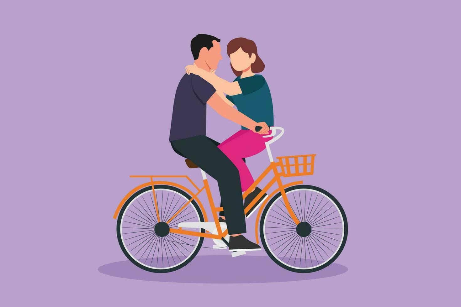 graphique plat conception dessin de romantique couple équitation sur bicyclette ensemble. content homme et femme cycliste étreindre et embrasser chaque autre. gens profiter en plein air activité. dessin animé style vecteur illustration