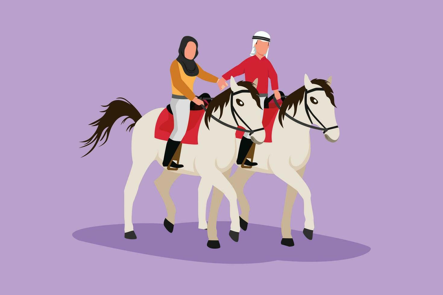 dessin animé plat style dessin romantique arabe couple équitation les chevaux main dans main à le coucher du soleil. content homme fabrication proposition mariage à femme. engagement et l'amour relation. graphique conception vecteur illustration