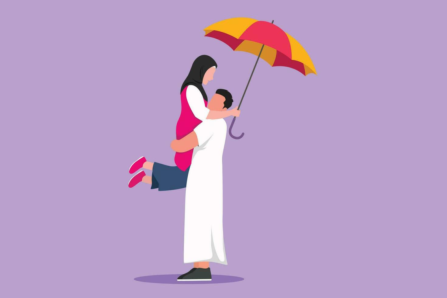 dessin animé plat style dessin de arabe couple dans l'amour en dessous de pluie avec parapluie. content homme et femme en marchant à parc et sauter. marié romantique couple relation. graphique conception vecteur illustration