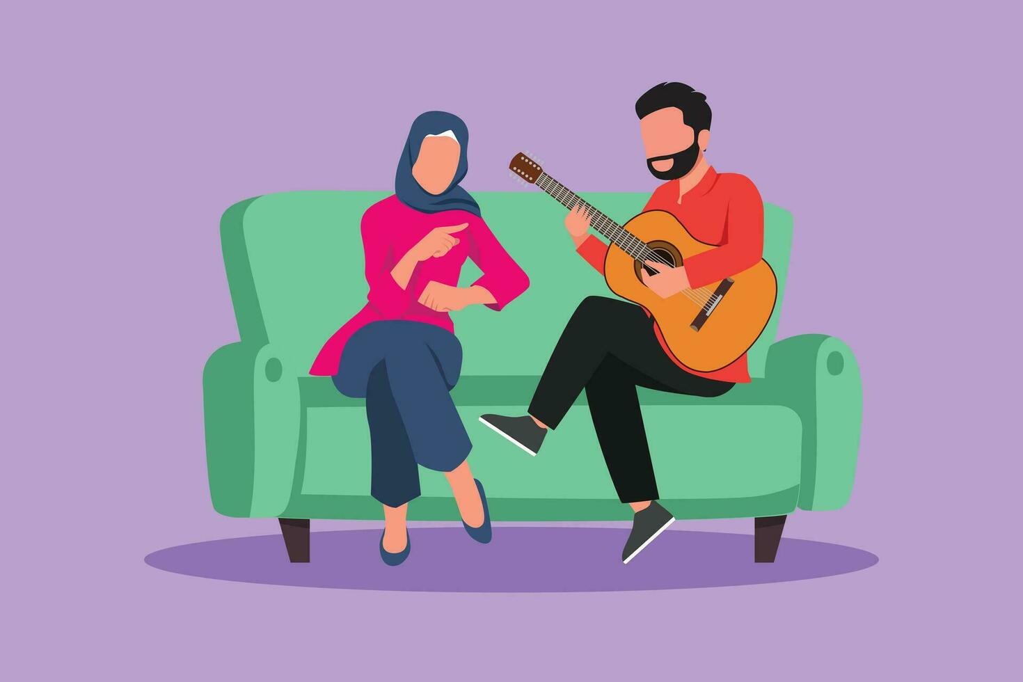 dessin animé plat style dessin romantique couple ensemble dans l'amour. arabe Masculin est en jouant guitare à le sien petite amie dans vivant pièce sur canapé. fille Ecoutez et en chantant ensemble. graphique conception vecteur illustration