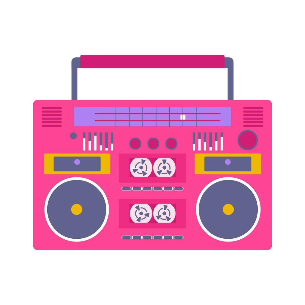 brillant rose rétro cassette enregistreur. la musique joueur. boombox Années 90 style. retour à années 90. vieux façonné ancien ruban enregistreur. nostalgie pour années 1990, années 2000. néon couleurs. vecteur illustration