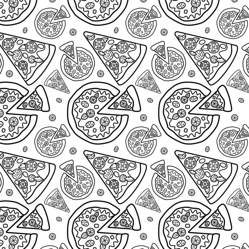 sans couture Pizza modèle. Pizza avec Couper pièce, avec tomates, Olives, saucisse et fromage. impression pour bannières, conception, décoration de rue vite nourriture café, rue aliments. vecteur illustration