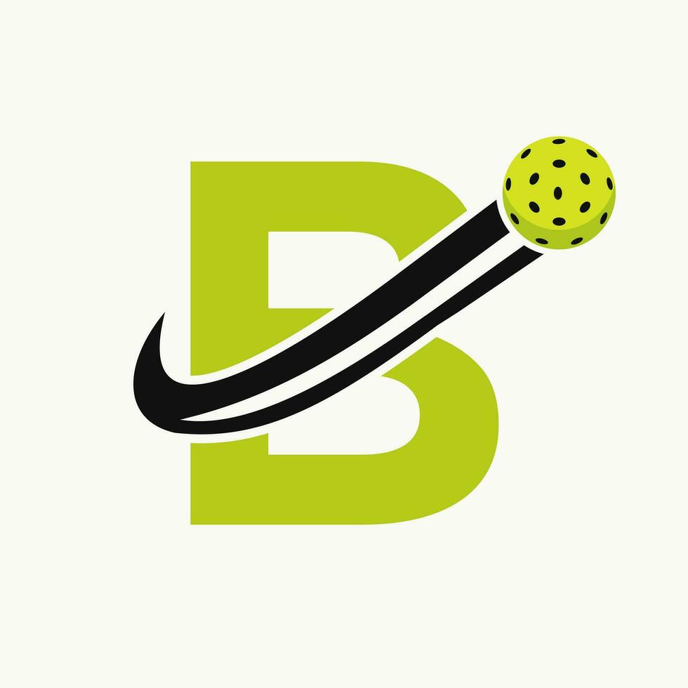 lettre b pickleball logo concept avec en mouvement cornichon Balle symbole. cornichon Balle logotype vecteur