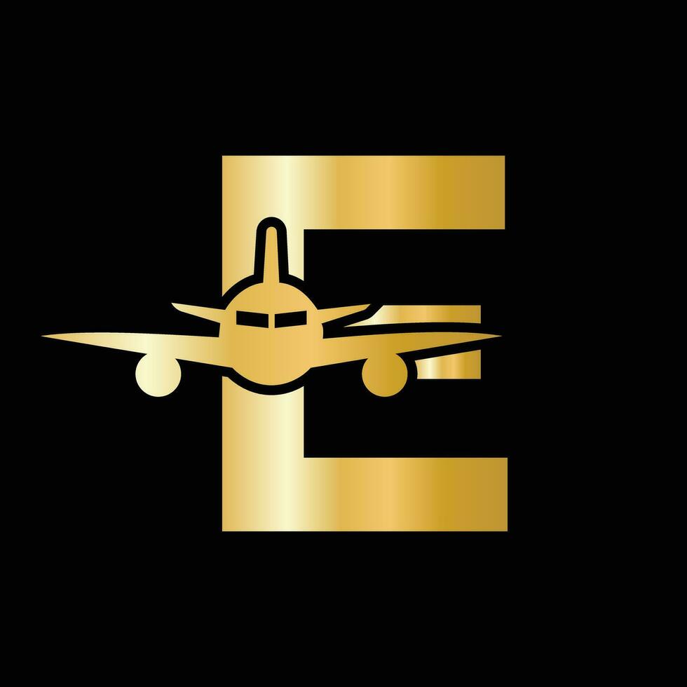 concept de logo de voyage lettre e avec symbole d'avion volant vecteur