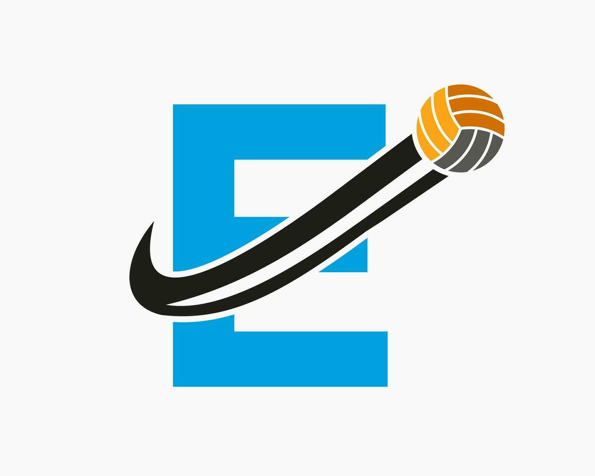 lettre e volley-ball logo concept avec en mouvement volée Balle icône. volley-ball des sports logotype modèle vecteur