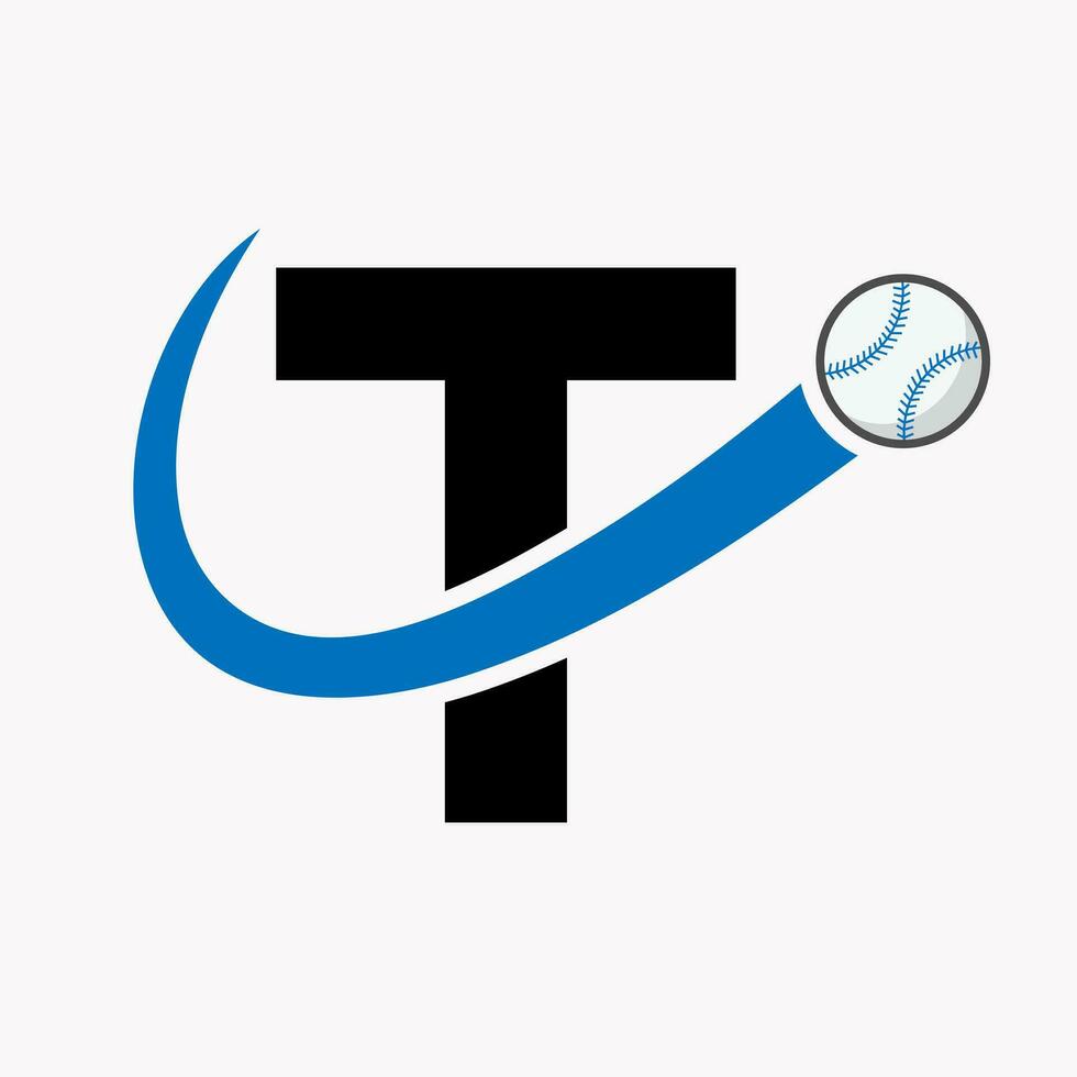 concept de logo de baseball lettre t avec modèle vectoriel d'icône de baseball en mouvement