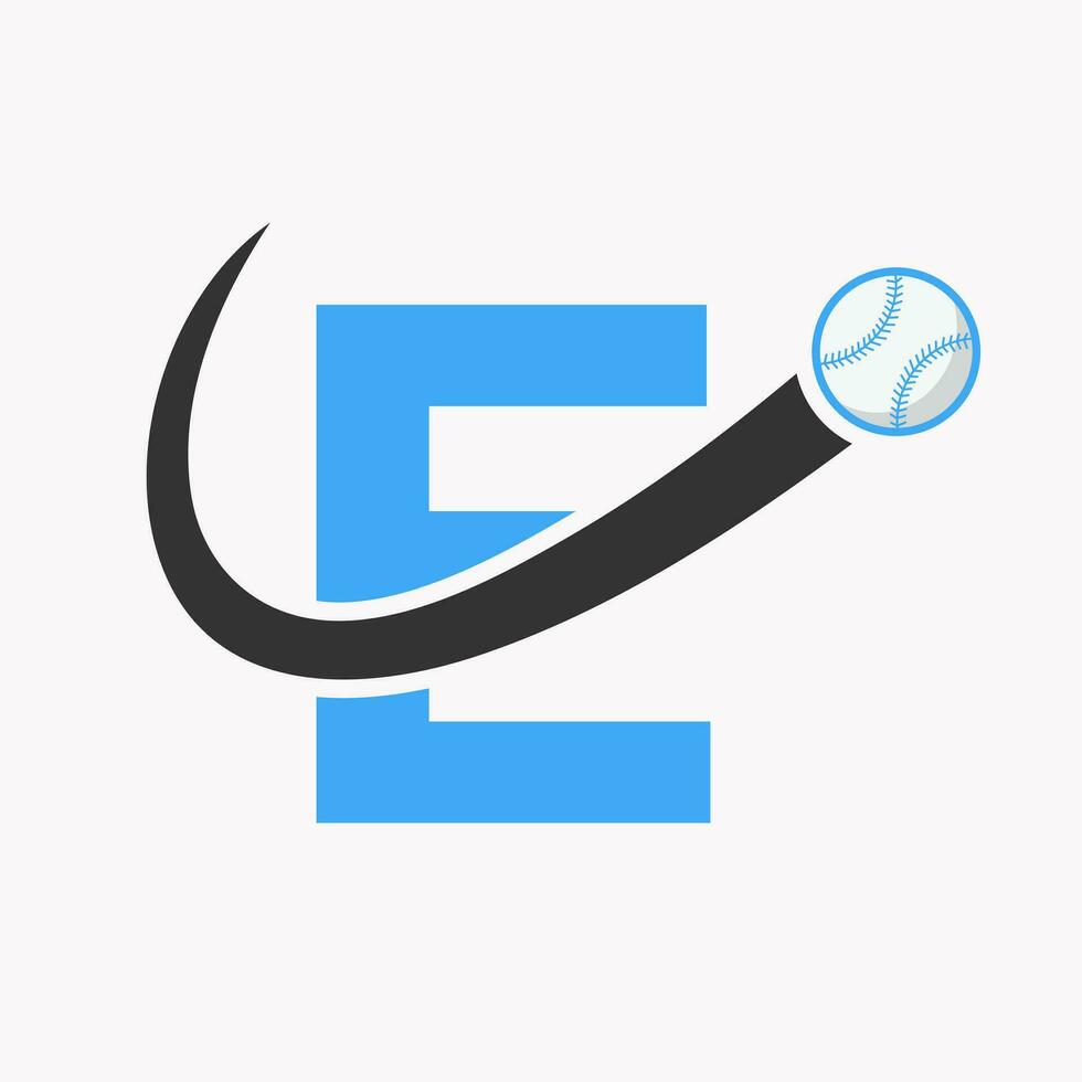 concept de logo de baseball lettre e avec modèle vectoriel d'icône de baseball en mouvement