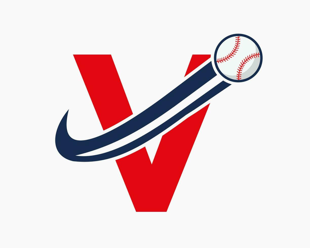 lettre initiale v concept de logo de baseball avec modèle vectoriel d'icône de baseball en mouvement