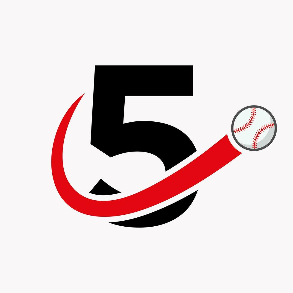 concept de logo de baseball lettre 5 avec modèle vectoriel d'icône de baseball en mouvement