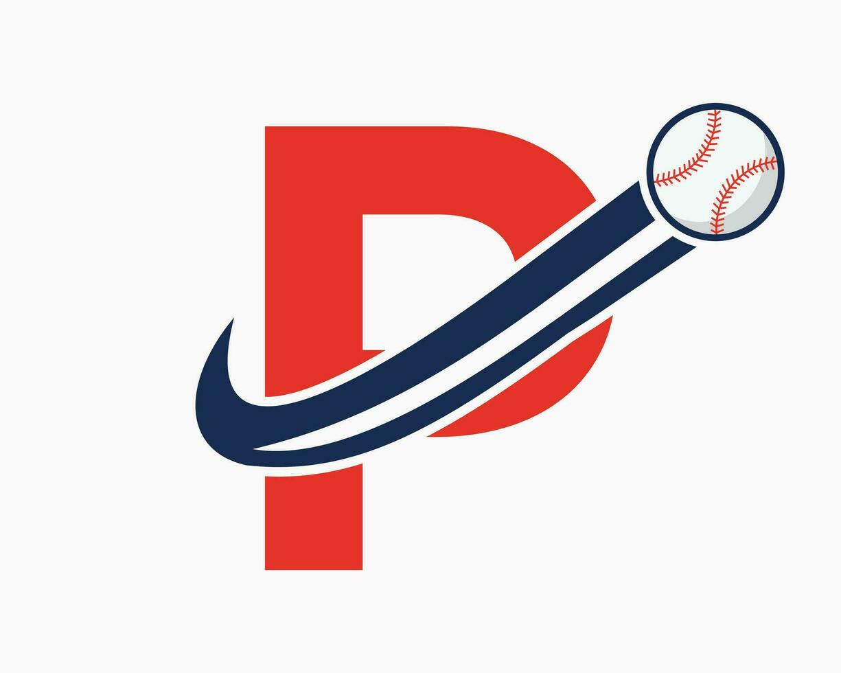 lettre initiale p concept de logo de baseball avec modèle vectoriel d'icône de baseball en mouvement