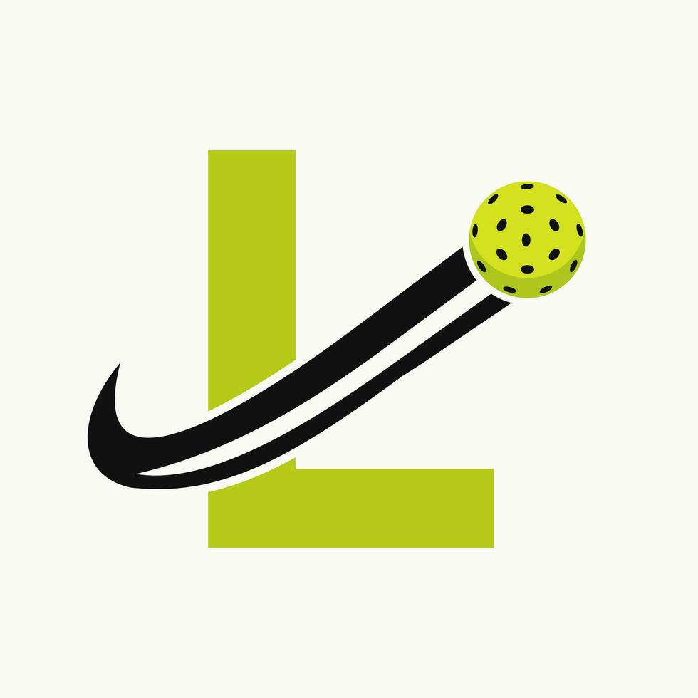 lettre l pickleball logo concept avec en mouvement cornichon Balle symbole. cornichon Balle logotype vecteur