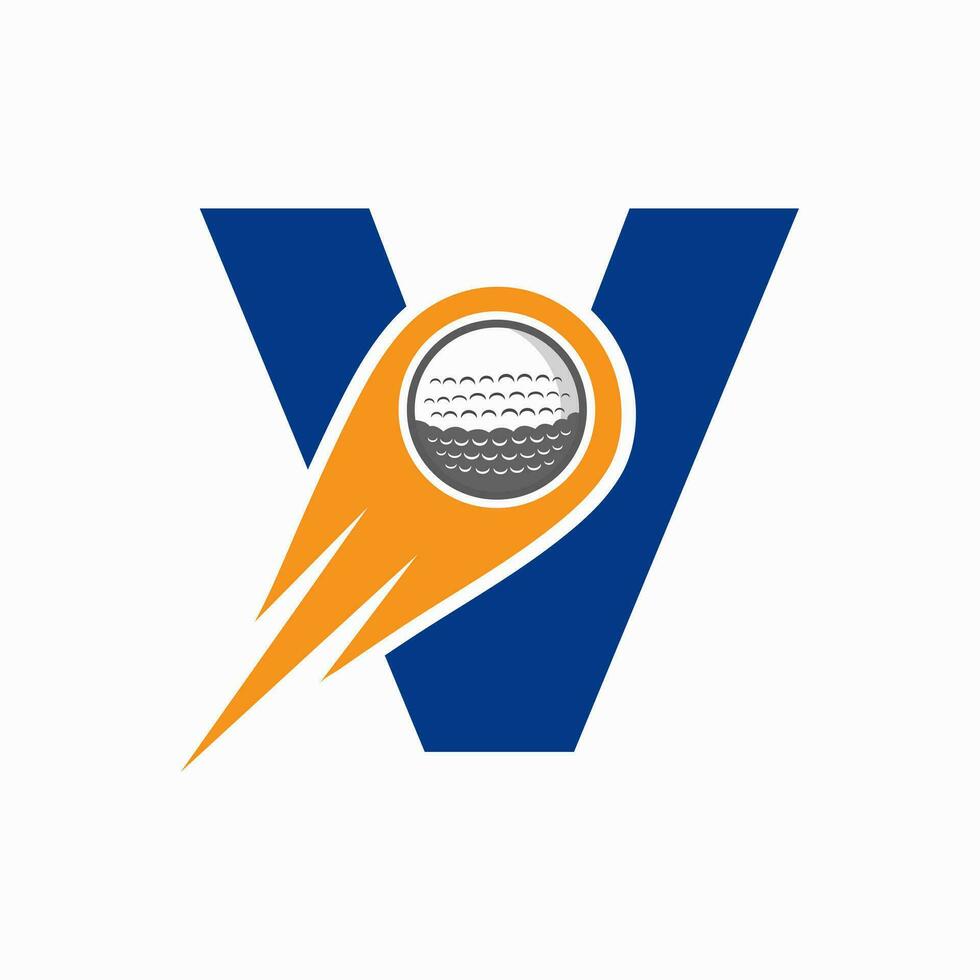 concept de logo de golf lettre v avec icône de balle de golf en mouvement. modèle vectoriel de symbole de logo de sport de hockey