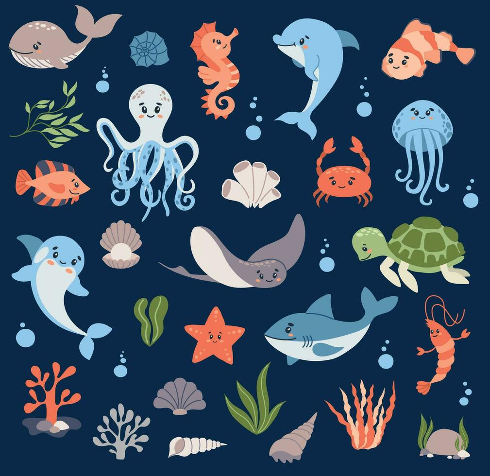 ensemble de sous-marin animaux - poulpe baleine tortue dauphin méduse Crabe crevette hippocampe Raie requin plantes marines et coraux. mignonne Contexte avec dessin animé personnages. vecteur illustration