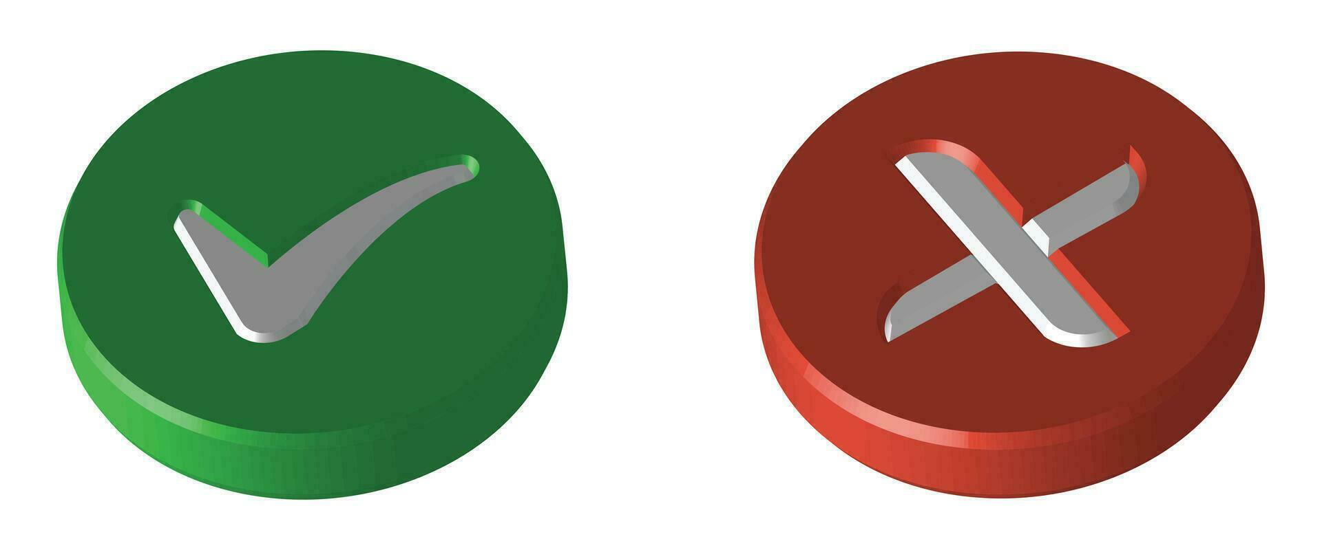 réaliste 3d vert droite vérifier marque icône, faux coche icône, brillant et brillant coche icône et traverser marque icône, vert et rouge réaliste coche avec correct faux ou X marque vecteur illustration