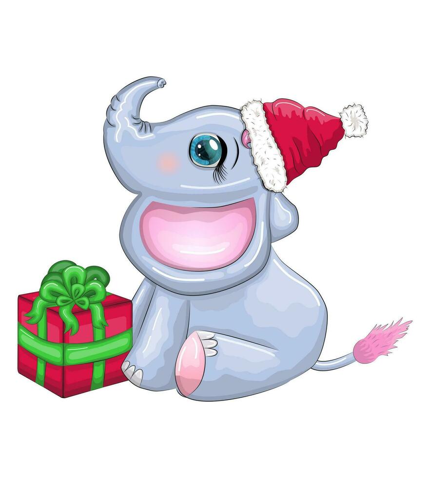 mignonne dessin animé éléphant, puéril personnage avec magnifique yeux portant Père Noël chapeau, foulard, en portant cadeau, Noël Balle vecteur