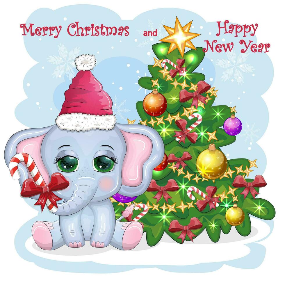 mignonne dessin animé éléphant, puéril personnage dans Père Noël chapeau avec cadeau, Noël Balle ou bonbons canne près Noël arbre vecteur