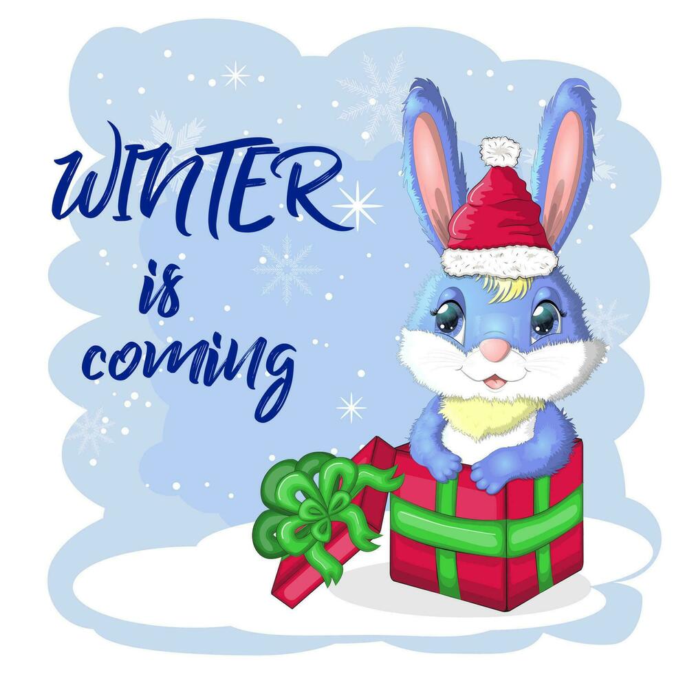 mignonne dessin animé lapin dans une Père Noël chapeau sur une Contexte de neige. hiver 2023, Noël et Nouveau année vecteur
