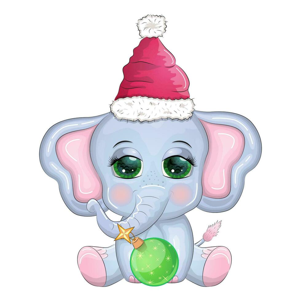 mignonne dessin animé éléphant, puéril personnage avec magnifique yeux portant Père Noël chapeau, foulard, en portant cadeau, Noël Balle vecteur