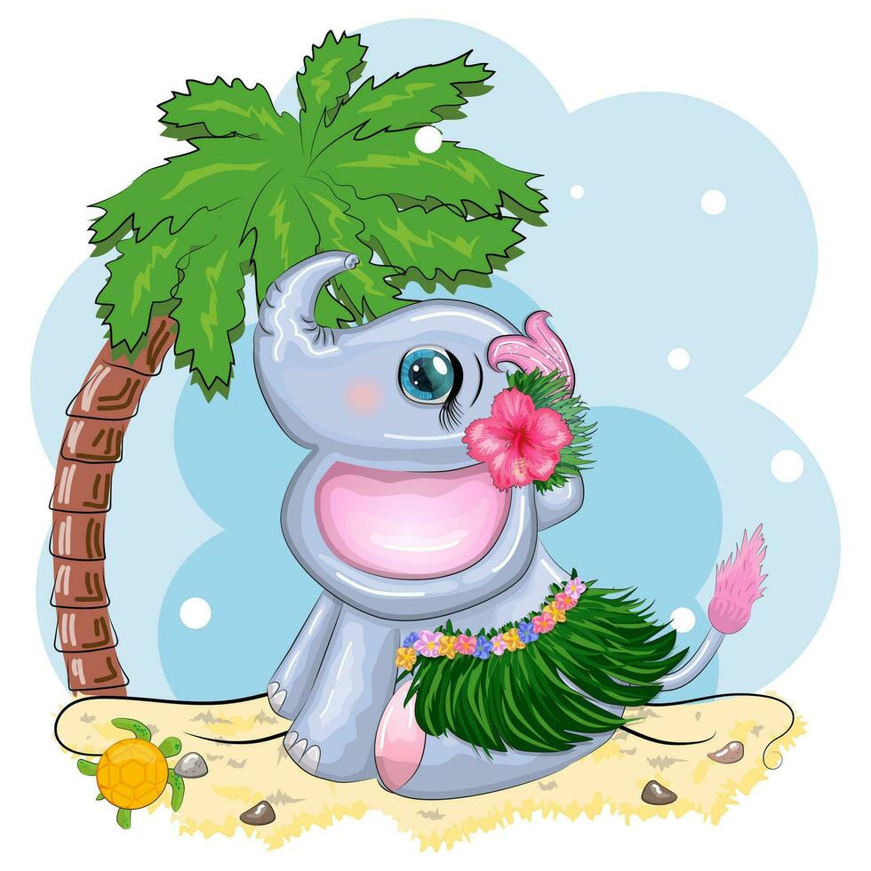 mignonne dessin animé éléphant, puéril personnage avec magnifique yeux dans hawaïen costume, plage et vacances vecteur