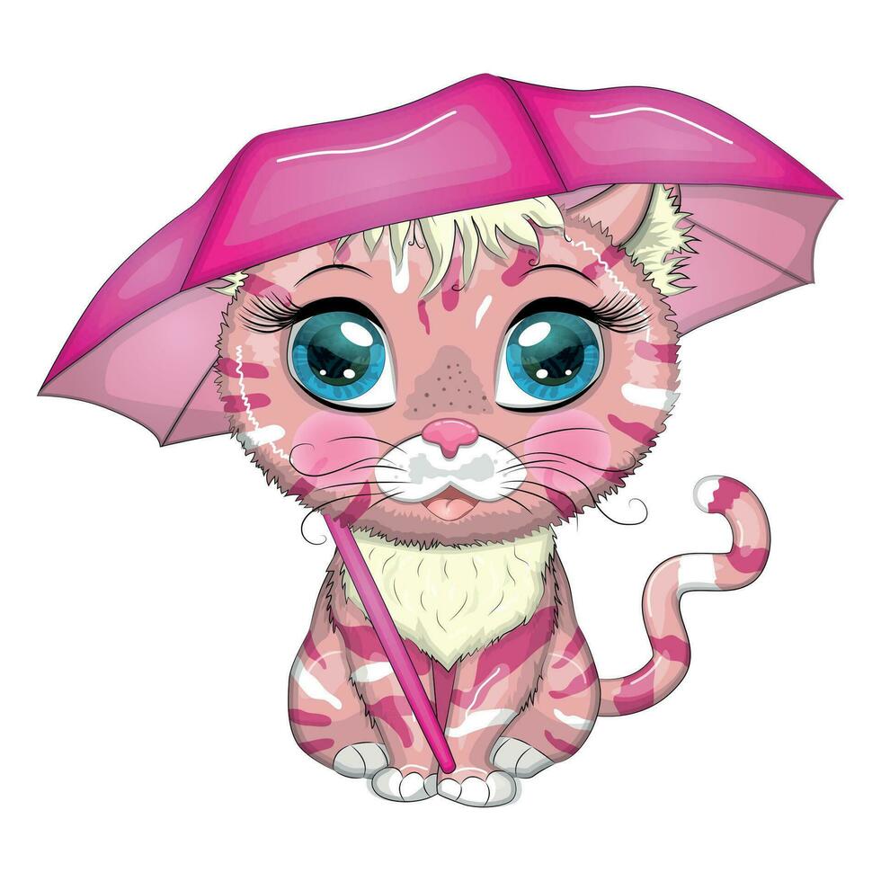 chat de dessin animé avec un parapluie. l'automne arrive. personnage enfant mignon, symbole du nouvel an chinois 2023 vecteur