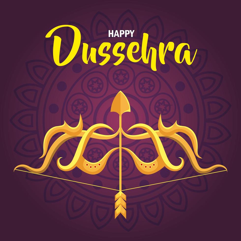 joyeux festival de dussehra et flèche dorée et arc sur fond violet vecteur