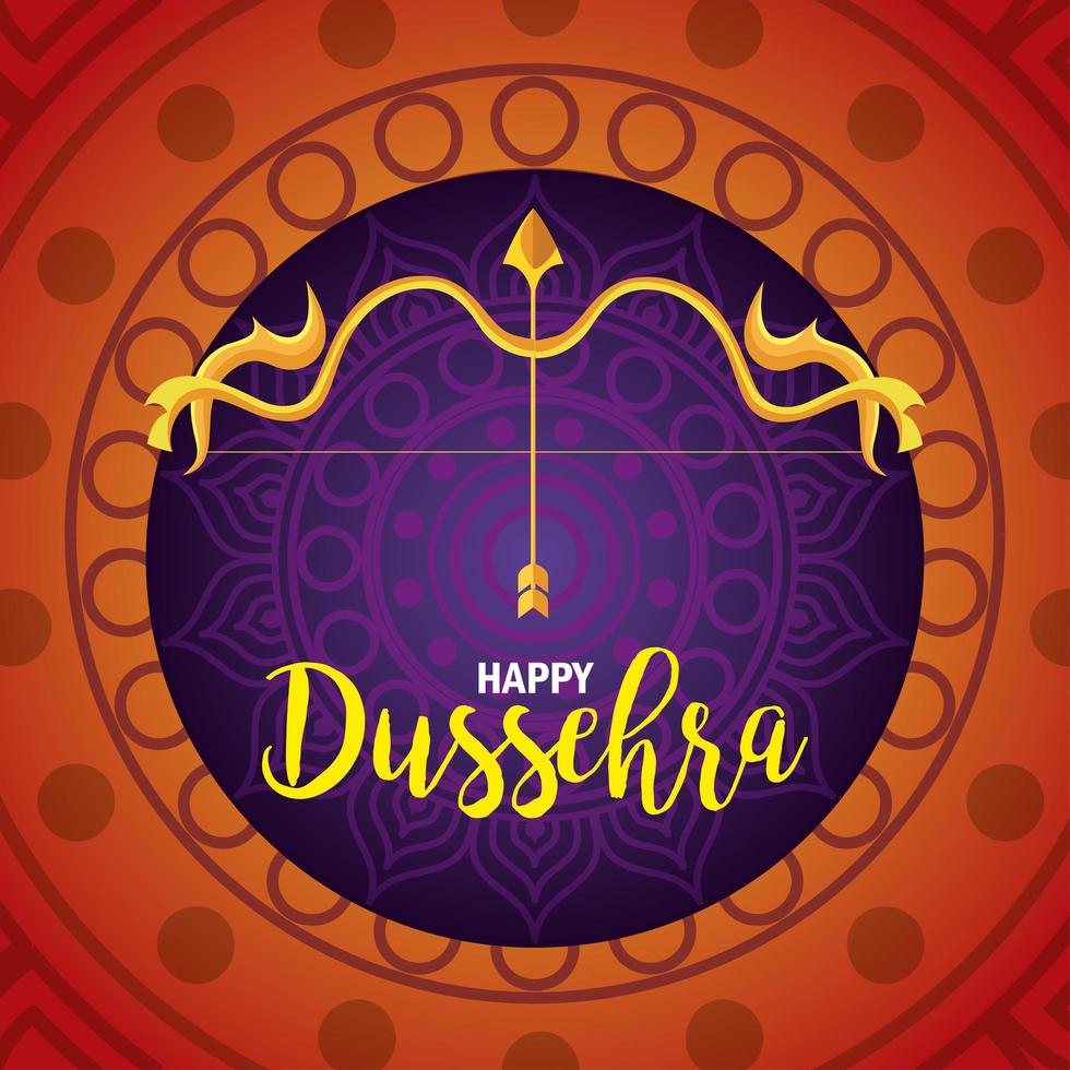 joyeux festival de dussehra avec flèche dorée et arc sur fond orange et violet vecteur