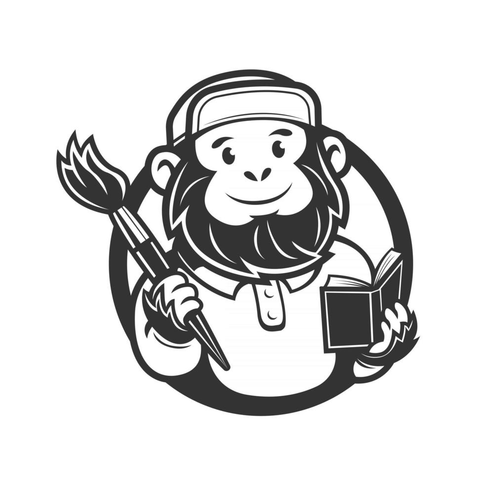 singe tenant des brosses et un livre logo mascotte de classes d'art illustration vectorielle vecteur