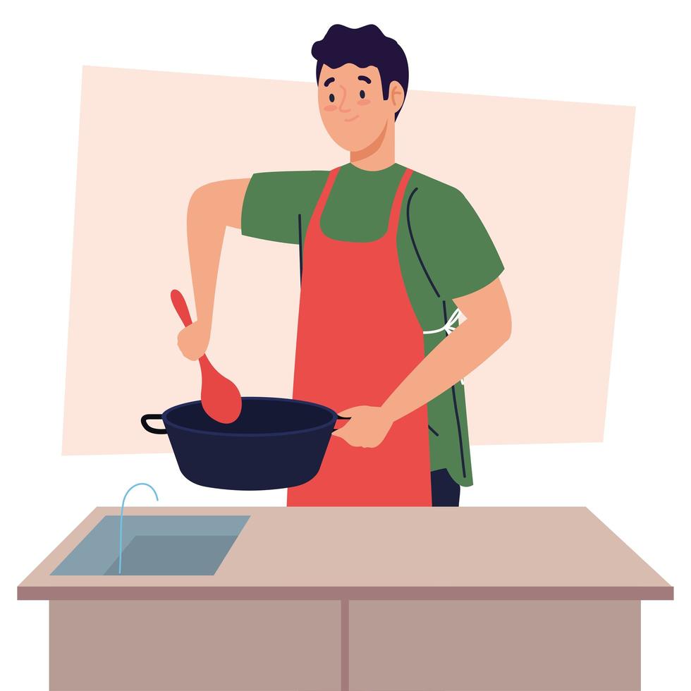 Man cooking à l'aide d'un tablier avec pot en scène de cuisine vecteur
