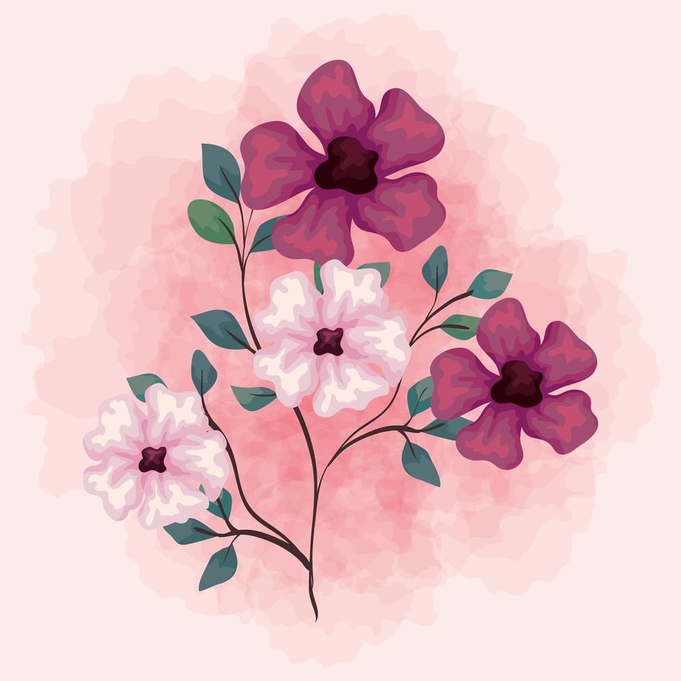 fleurs de couleur violette et rose branches avec des feuilles décoration nature vecteur