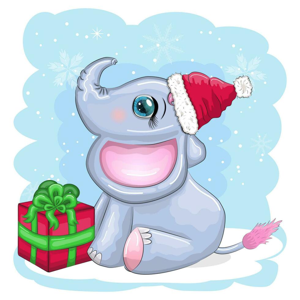 mignonne dessin animé éléphant, puéril personnage avec magnifique yeux portant Père Noël chapeau, foulard, en portant cadeau, Noël Balle vecteur