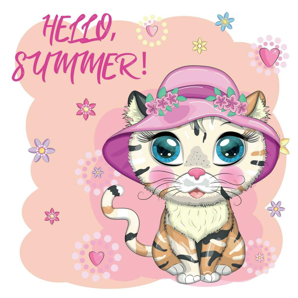 dessin animé chat dans une chapeau avec fleurs. été, vacances. mignonne enfant personnage, symbole de 2023 Nouveau chinois année vecteur