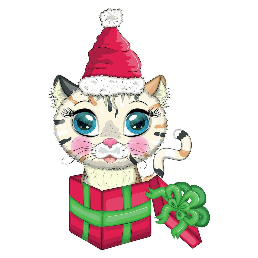 chat de dessin animé mignon dans un bonnet de noel dans une boîte cadeau, concept de cadeau du nouvel an. hiver 2023, noël et nouveau chinois vecteur