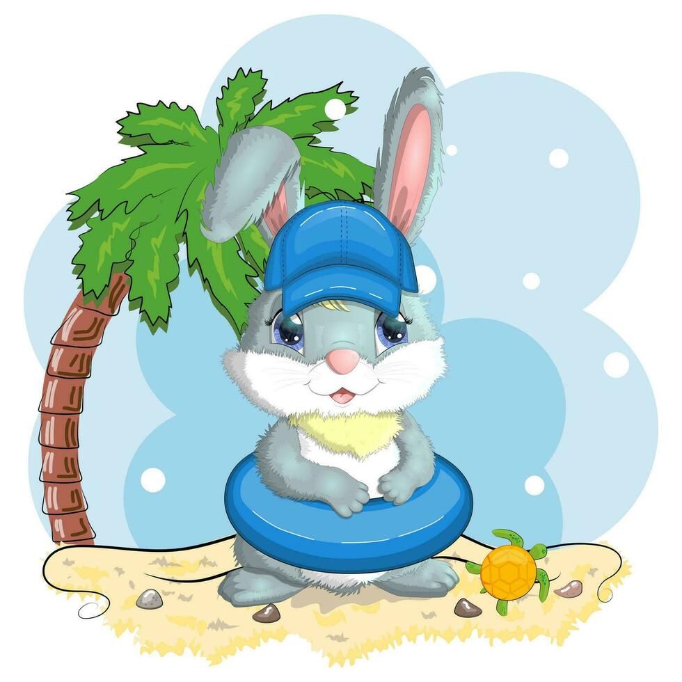 lapin mignon, lièvre dans un chapeau d'été et anneau de bain, palmes. plage, vacances, concept de vacances. symbole de 2023. vecteur