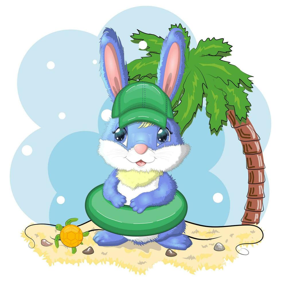 lapin mignon, lièvre dans un chapeau d'été et anneau de bain, palmes. plage, vacances, concept de vacances. symbole de 2023. vecteur