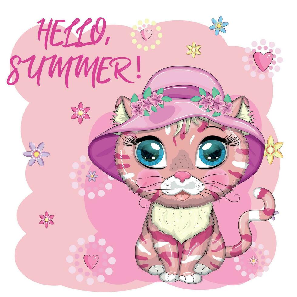 dessin animé chat dans une chapeau avec fleurs. été, vacances. mignonne enfant personnage, symbole de 2023 Nouveau chinois année vecteur