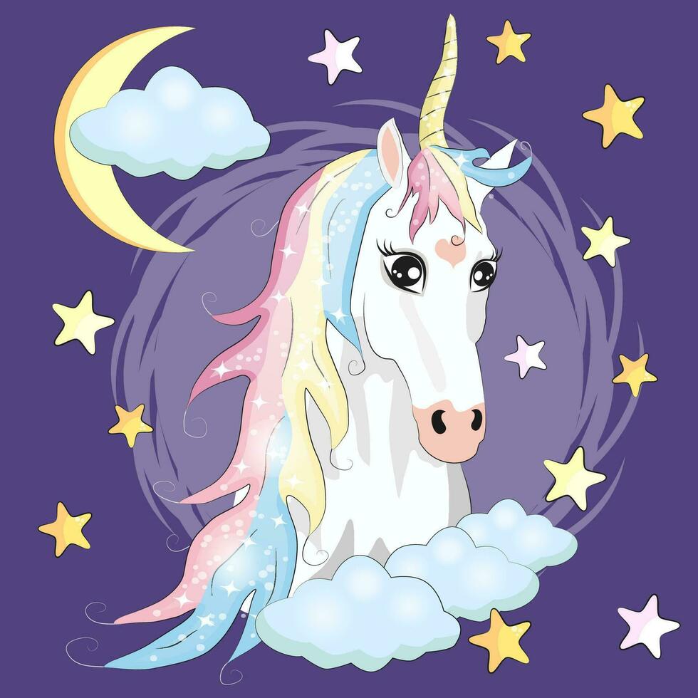 kawaii nuit ciel composition avec Licorne des roses étoiles et lune croissant isolé sur blanc Contexte. de fête Contexte ou salutation carte. pastel Goth palette. vecteur