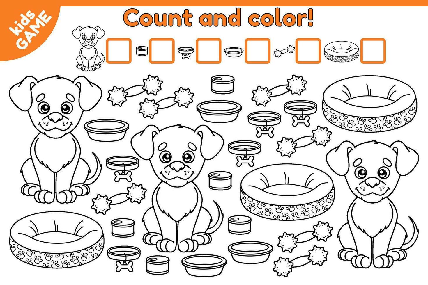 compte Jeu pour préscolaire les enfants. éducatif une mathématique Jeu avec dessin animé chien et chien accessoires. compter Comment beaucoup objet et écrire le résultat. coloration page pour enfants. vecteur illustration.