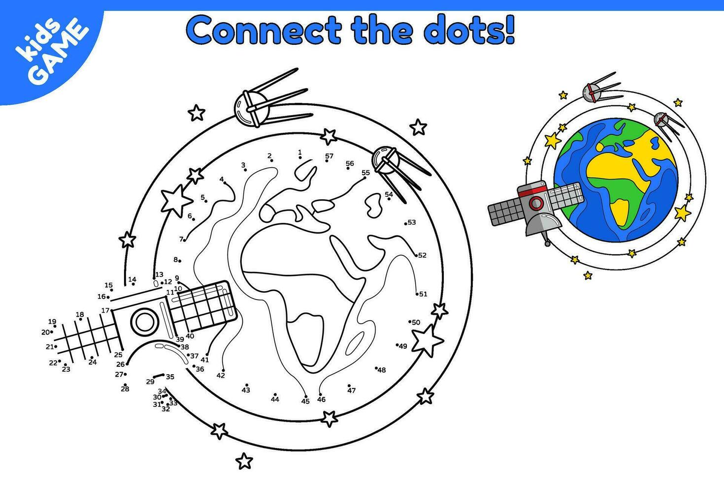 Jeu relier le points et dessiner le dessin animé planète Terre avec sonde et satellites dans espace. activité livre pour les enfants. puzzle pour préscolaire et école enfants. vecteur globe de solaire système dans cosmos.