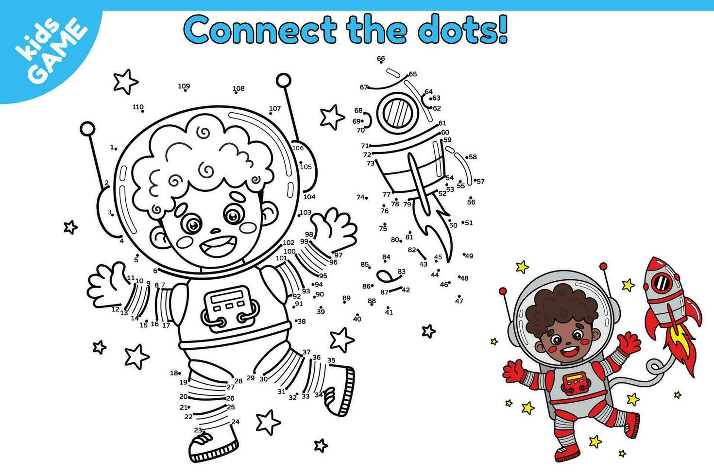 point à point Jeu pour les enfants. relier le des points, dessiner une dessin animé astronaute garçon africain américain avec fusée dans espace et Couleur il. activité livre pour enfants. vecteur astronaute foncé écorché dans cosmos.