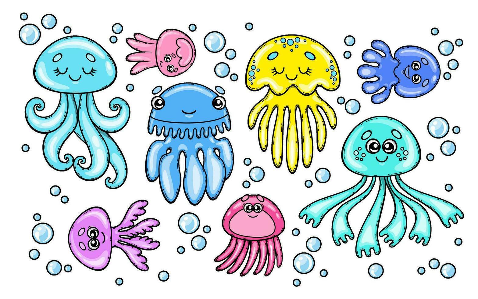 vecteur ensemble dessin animé coloré mer méduse. main tiré collection de mignonne sous-marin animaux. océan marrant créatures. illustration sur Marin thème. coloré clipart isolé sur blanc Contexte.