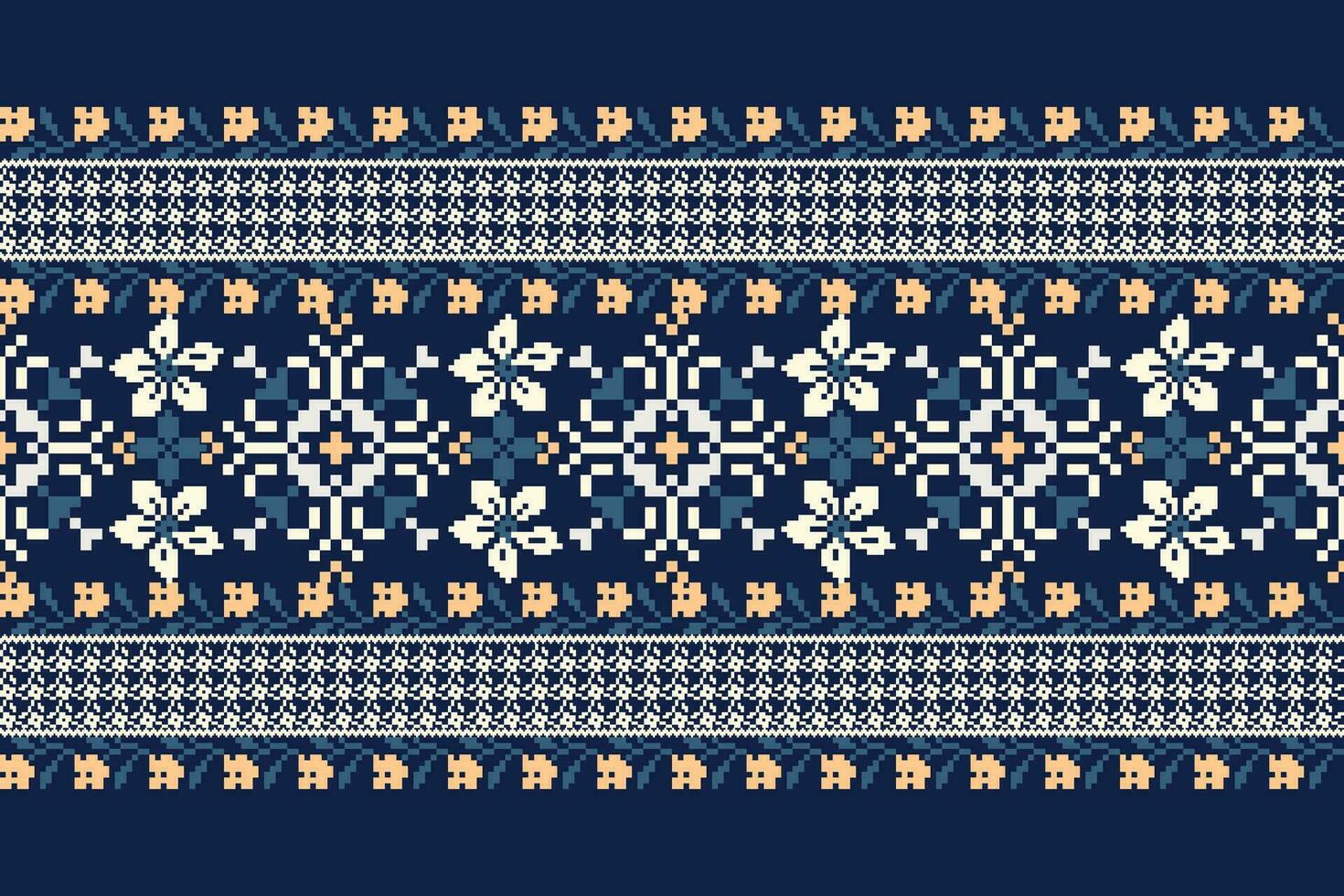 floral traverser point broderie sur marine bleu arrière-plan.géométrique ethnique Oriental modèle traditionnel.aztèque style abstrait vecteur illustration.design pour texture, tissu, vêtements, emballage, décoration.