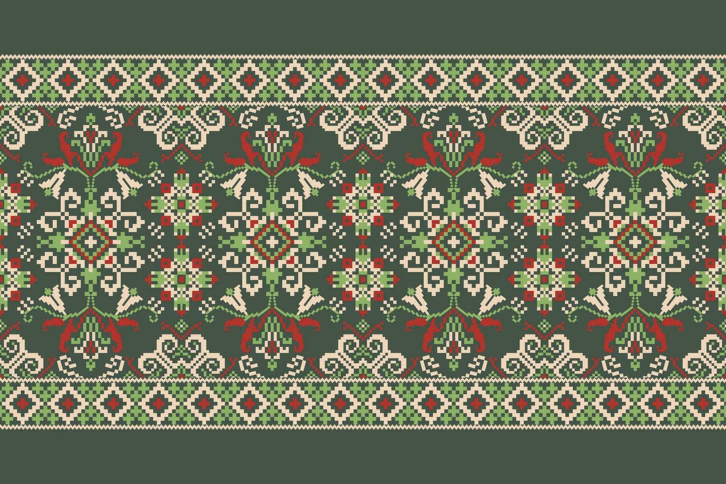 floral traverser point broderie sur vert arrière-plan.géométrique ethnique Oriental modèle traditionnel.aztèque style abstrait vecteur illustration.design pour texture, tissu, vêtements, emballage, décoration, paréo.