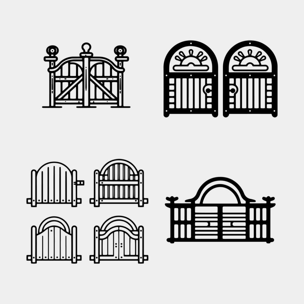ensemble ligne classique porte porte avec en bois clôture icône isolé sur noir et blanc Contexte. clôture portail. vecteur illustration.