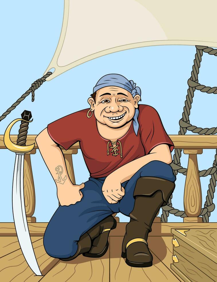 dessin animé pirate souriant et séance sur le navire bureau. vecteur illustration.