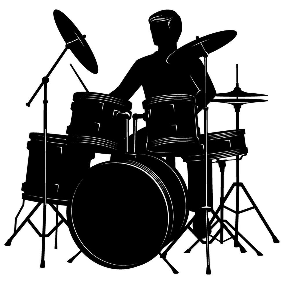 silhouette de homme en jouant sur une tambour ensemble. vecteur clipart isolé sur blanche.