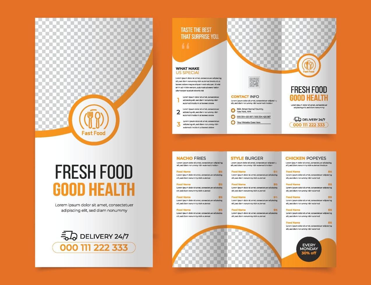 brochure à trois volets pour le modèle de menu alimentaire vecteur