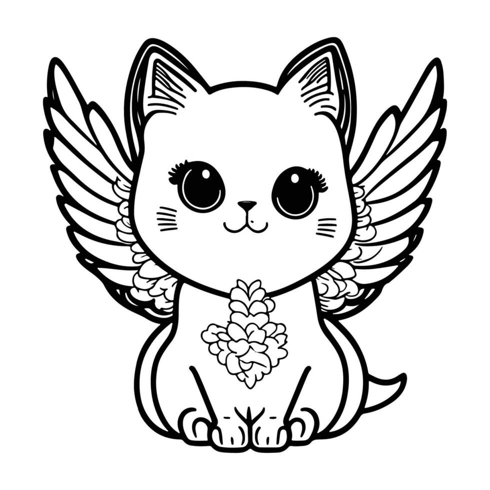 mignonne chat ange dessin animé vecteur contour. chat avec ange ailes vecteur.