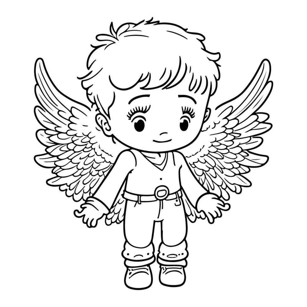 mignonne garçon ange dessin animé vecteur contour. garçon avec ange ailes vecteur.