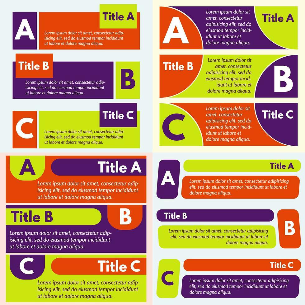 quatre ensembles de Trois éléments de infographie conception. étape par étape infographie conception modèle. vecteur illustration